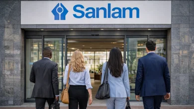 High-performing actuarial science employees walking into SANLAM building